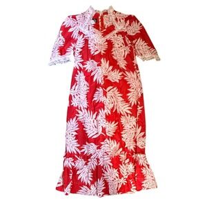 Vintage For You Night Gown Maxi Dress Red White Floral Lace Trim Size 14